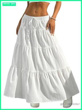 Boho Flowy White Maxi Skirt Tiered Ruffle Elastic Waist A Line Summer
